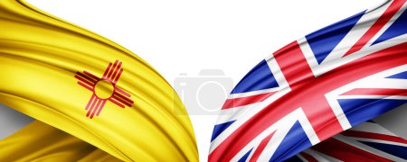 Foto de Bandera de Nuevo México y Bandera del Reino Unido de seda y fondo blanco-3D ilustración - Imagen libre de derechos