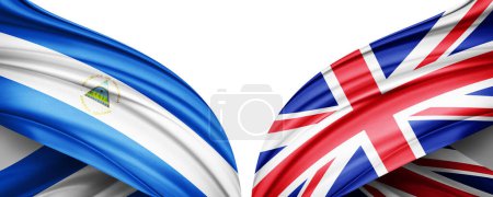 Téléchargez les photos : Drapeau du Nicaragua et drapeau du Royaume-Uni en soie et fond blanc illustration 3D - en image libre de droit