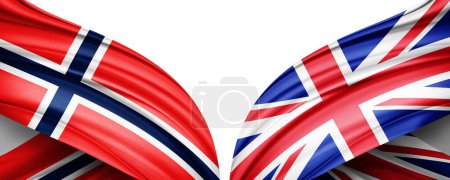 Foto de Bandera de Noruega y Bandera del Reino Unido de seda y fondo blanco-3D ilustración - Imagen libre de derechos