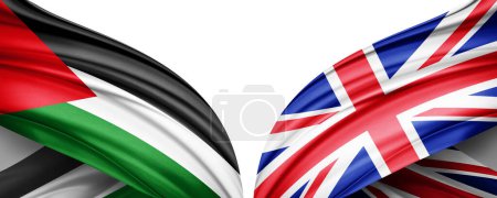 Foto de Bandera de Palestina y Bandera del Reino Unido de seda y fondo blanco-3D illustration - Imagen libre de derechos