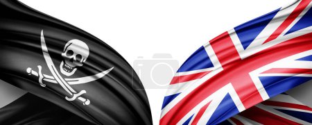 Téléchargez les photos : Drapeau pirate et drapeau du Royaume-Uni en soie et fond blanc illustration 3D. - en image libre de droit