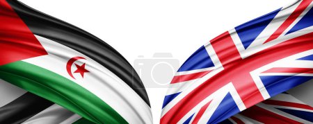 Téléchargez les photos : Drapeau de la République arabe sahraouie démocratique et drapeau du Royaume-Uni de soie-Illustration 3D - en image libre de droit