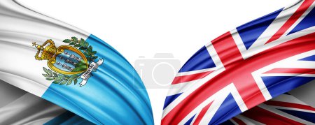 Téléchargez les photos : Drapeau Saint-Marin et drapeau du Royaume-Uni en soie et fond blanc illustration 3D - en image libre de droit