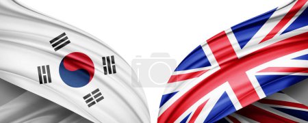 Foto de Bandera de Corea del Sur y bandera del Reino Unido de seda y fondo blanco-3D ilustración - Imagen libre de derechos