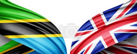 Foto de Bandera de Tanzania y Bandera del Reino Unido de seda y fondo blanco-3D ilustración - Imagen libre de derechos