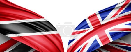 Foto de Bandera de Tobago y Bandera del Reino Unido de seda y fondo blanco-3D illustration - Imagen libre de derechos