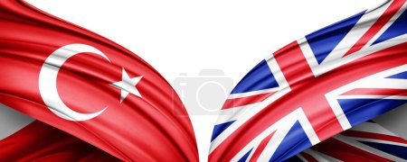 Foto de Bandera de Turquía y bandera del Reino Unido de seda y fondo blanco-3D ilustración - Imagen libre de derechos