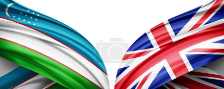 Téléchargez les photos : Drapeau de l'Ouzbékistan et drapeau du Royaume-Uni en soie et fond blanc illustration 3D - en image libre de droit