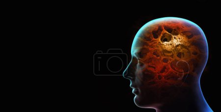Téléchargez les photos : Tête humaine avec cerveau abstrait sur fond noir. Illustration 3d - en image libre de droit