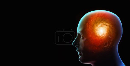 Foto de Cabeza humana con cerebro abstracto sobre fondo negro. ilustración 3d - Imagen libre de derechos