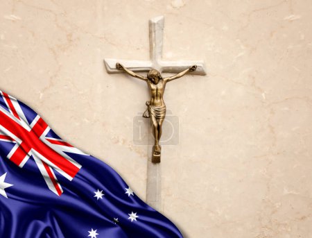 Téléchargez les photos : Australie drapeau de soie avec Jésus-Christ, statue, croix, appuyé sur fond de marbre - en image libre de droit