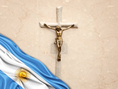 Téléchargez les photos : Drapeau argentin en soie avec Jésus Christ, statue, croix, appuyé sur un fond de marbre - en image libre de droit