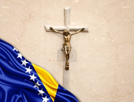 Téléchargez les photos : Bosnie-Herzégovine drapeau de soie avec Jésus-Christ, statue, croix, appuyé sur fond de marbre - en image libre de droit