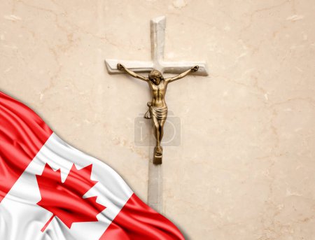Téléchargez les photos : Drapeau du Canada en soie avec Jésus-Christ, statue, croix, appuyé sur un fond de marbre - en image libre de droit
