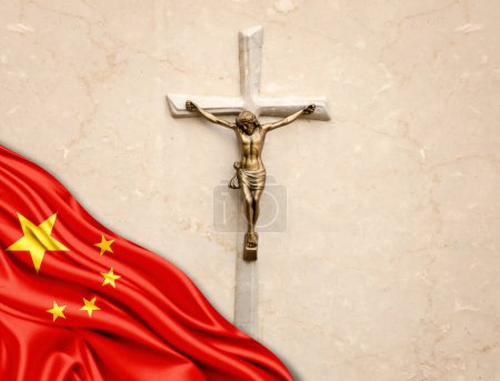 Téléchargez les photos : Chine drapeau de soie avec Jésus-Christ, statue, croix, appuyé sur fond de marbre - en image libre de droit