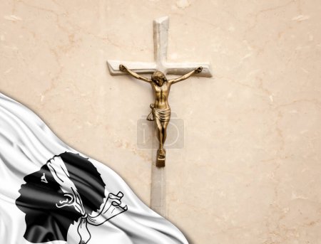 Téléchargez les photos : Drapeau de soie de Corse avec Jésus Christ, statue, croix, appuyé sur fond de marbre - en image libre de droit