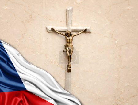 Téléchargez les photos : Drapeau de la République tchèque en soie avec Jésus Christ, statue, croix, appuyé sur un fond de marbre - en image libre de droit
