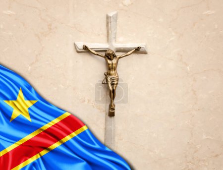 Téléchargez les photos : République démocratique du Congo drapeau de soie avec Jésus-Christ, statue, croix, appuyé sur fond de marbre - en image libre de droit