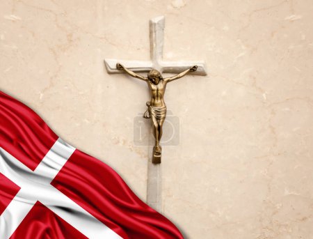 Photo for Denmark flag of silk with jesus christ, statue,cross, leaning on marble background - Royalty Free Image