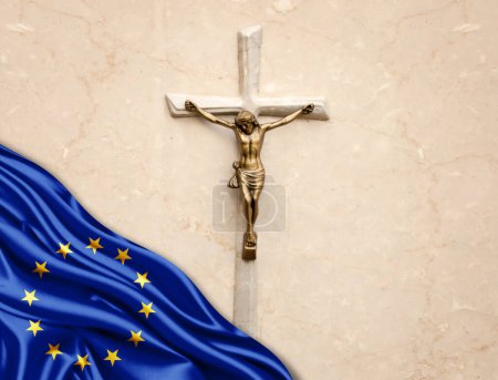 Téléchargez les photos : Union européenne drapeau de soie avec Jésus-Christ, statue, croix, appuyé sur fond de marbre - en image libre de droit