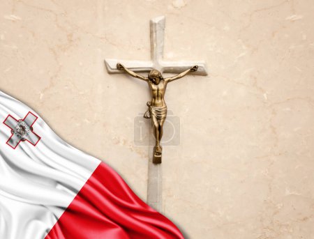 Photo for Malta flag of silk with jesus christ, statue,cross, leaning on marble background - Royalty Free Image