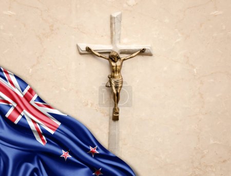 Téléchargez les photos : Drapeau néo-zélandais en soie avec Jésus-Christ, statue, croix, appuyé sur un fond de marbre - en image libre de droit