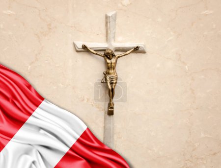 Téléchargez les photos : Pérou drapeau de soie avec Jésus-Christ, statue, croix, appuyé sur fond de marbre - en image libre de droit