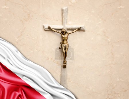 Foto de Bandera de Polonia de seda con Jesucristo, estatua, cruz, apoyada sobre fondo de mármol - Imagen libre de derechos
