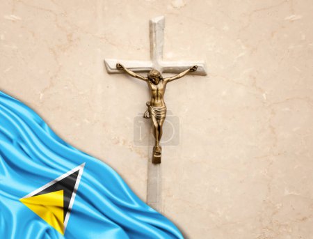 Photo for Saint Lucia flag of silk with jesus christ, statue,cross, leaning on marble background - Royalty Free Image