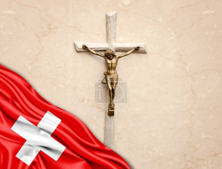 Foto de Suiza Bandera de seda con Jesucristo, estatua, cruz, apoyada sobre fondo de mármol - Imagen libre de derechos