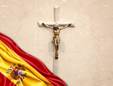 Téléchargez les photos : Espagne drapeau de soie avec Jésus-Christ, statue, croix, appuyé sur fond de marbre - en image libre de droit