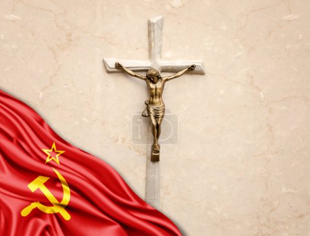 Photo for Ussr flag of silk with jesus christ, statue,cross, leaning on marble background - Royalty Free Image