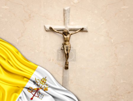 Téléchargez les photos : Drapeau de soie de la Cité du Vatican avec Jésus-Christ, statue, croix, appuyé sur un fond de marbre - en image libre de droit
