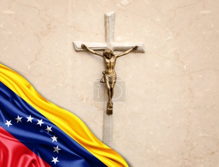 Téléchargez les photos : Venezuela drapeau de soie avec Jésus-Christ, statue, croix, appuyé sur fond de marbre - en image libre de droit