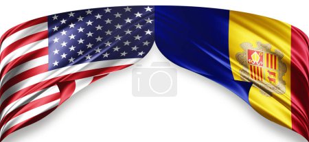 Foto de Banderas americanas y andorranas de seda con copyspace para tu texto o imágenes y fondo blanco - Imagen libre de derechos