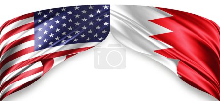 Amerikanische und bahrainische Flaggen aus Seide mit Copyspace für Ihren Text oder Ihre Bilder und weißem Hintergrund