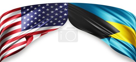Foto de Banderas americanas y de Bahamas de seda con copyspace para su texto o imágenes y fondo blanco - Imagen libre de derechos