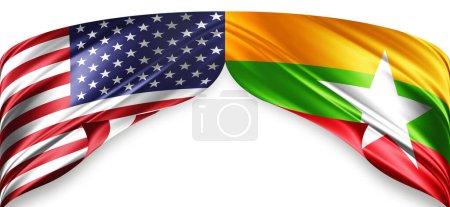 Téléchargez les photos : Drapeaux américains et birmans de soie avec copyspace pour votre texte ou images et fond blanc - en image libre de droit