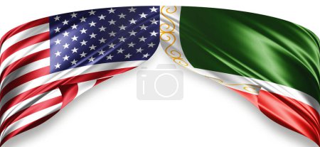 Téléchargez les photos : Drapeaux de soie de la République américaine et tchétchène avec espace de copie pour votre texte ou vos images et fond blanc - en image libre de droit