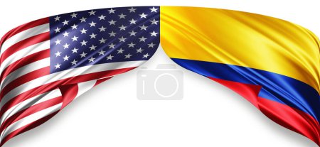 Foto de Banderas de seda americanas y colombianas con copyspace para su texto o imágenes y fondo blanco - Imagen libre de derechos