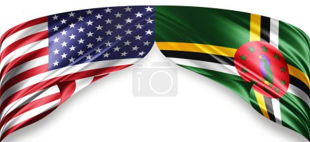Amerikanische und Dominica-Flaggen aus Seide mit Copyspace für Ihre Texte oder Bilder und weißem Hintergrund