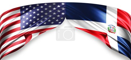 American and Dominican Republic flags of silk with copyspace for your text or images and white background