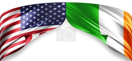 Foto de Banderas americanas e irlandesas de seda con copyspace para su texto o imágenes y fondo blanco - Imagen libre de derechos