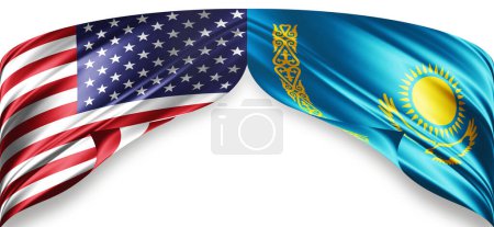 Téléchargez les photos : Drapeaux américains et kazakhs de soie avec espace de copie pour votre texte ou vos images et fond blanc - en image libre de droit