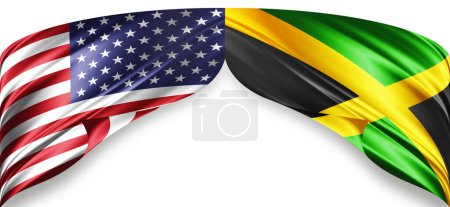 Foto de Banderas de seda americanas y jamaicanas con copyspace para su texto o imágenes y fondo blanco - Imagen libre de derechos