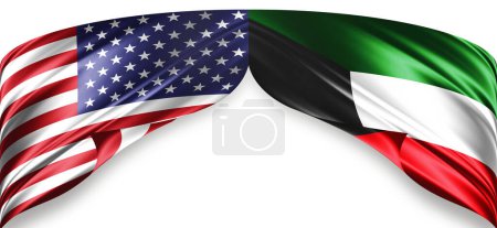 Foto de Banderas americanas y de Kuwait de seda con copyspace para su texto o imágenes y fondo blanco - Imagen libre de derechos