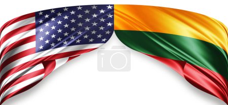 Foto de Banderas americanas y lituanas de seda con copyspace para su texto o imágenes y fondo blanco - Imagen libre de derechos