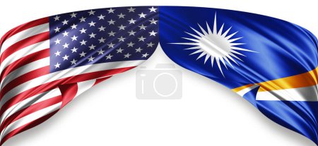 Banderas de seda americanas y de las Islas Marshall con copyspace para su texto o imágenes y fondo blanco