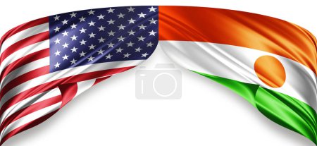 Foto de Banderas americanas y de Níger de seda con copyspace para su texto o imágenes y fondo blanco - Imagen libre de derechos