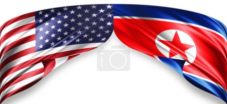  American and North Korea flags of silk with copyspace for your text or images and white background